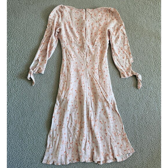 Audrey 3+1 Dress Pink Floral Midi Puff‎ Sleeve Tie Boho Rayon Lined - Picture 2 of 15